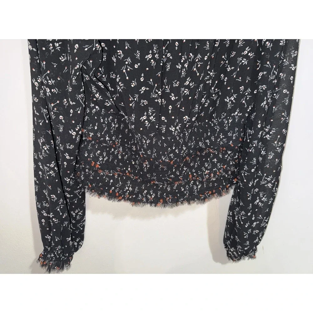 Free‎ People Lolita Floral Smocked Blouse L Black Cottage Peasant Top Semi Sheer